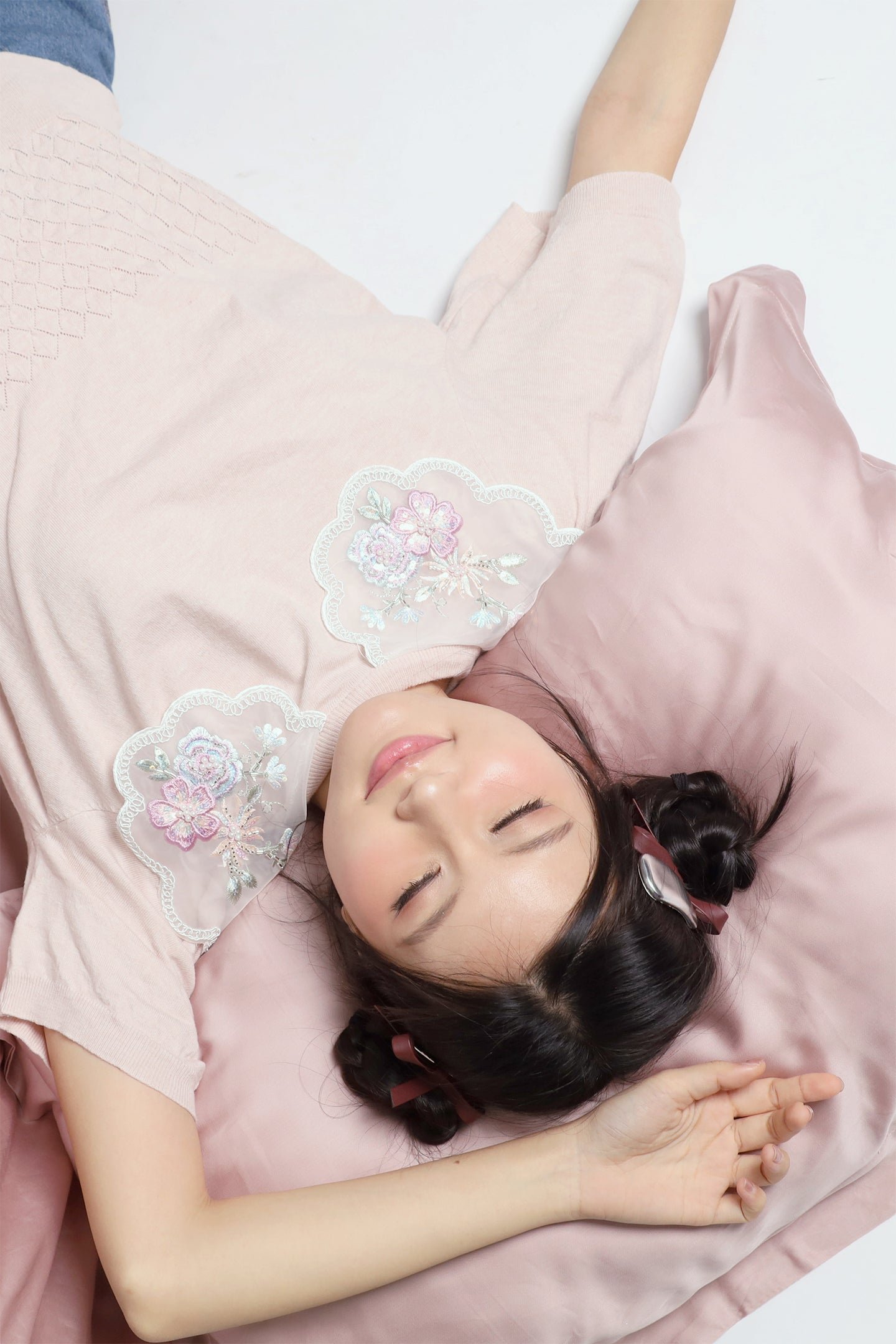 JOY - Miko Floral Embellishment Knit Top in Pastel Pink - Image 1