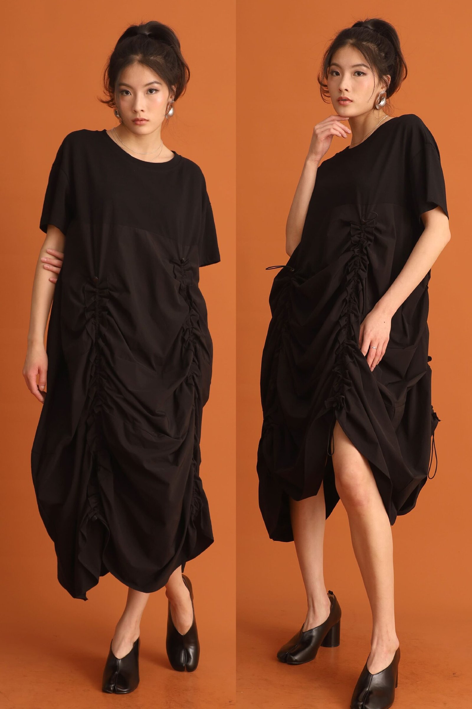 CHOSEN - Jiwon Ruched Drawstring Dress in Black - Image 1