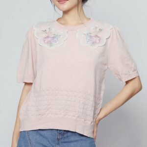 JOY - Miko Floral Embellishment Knit Top in Pastel Pink - Image 5