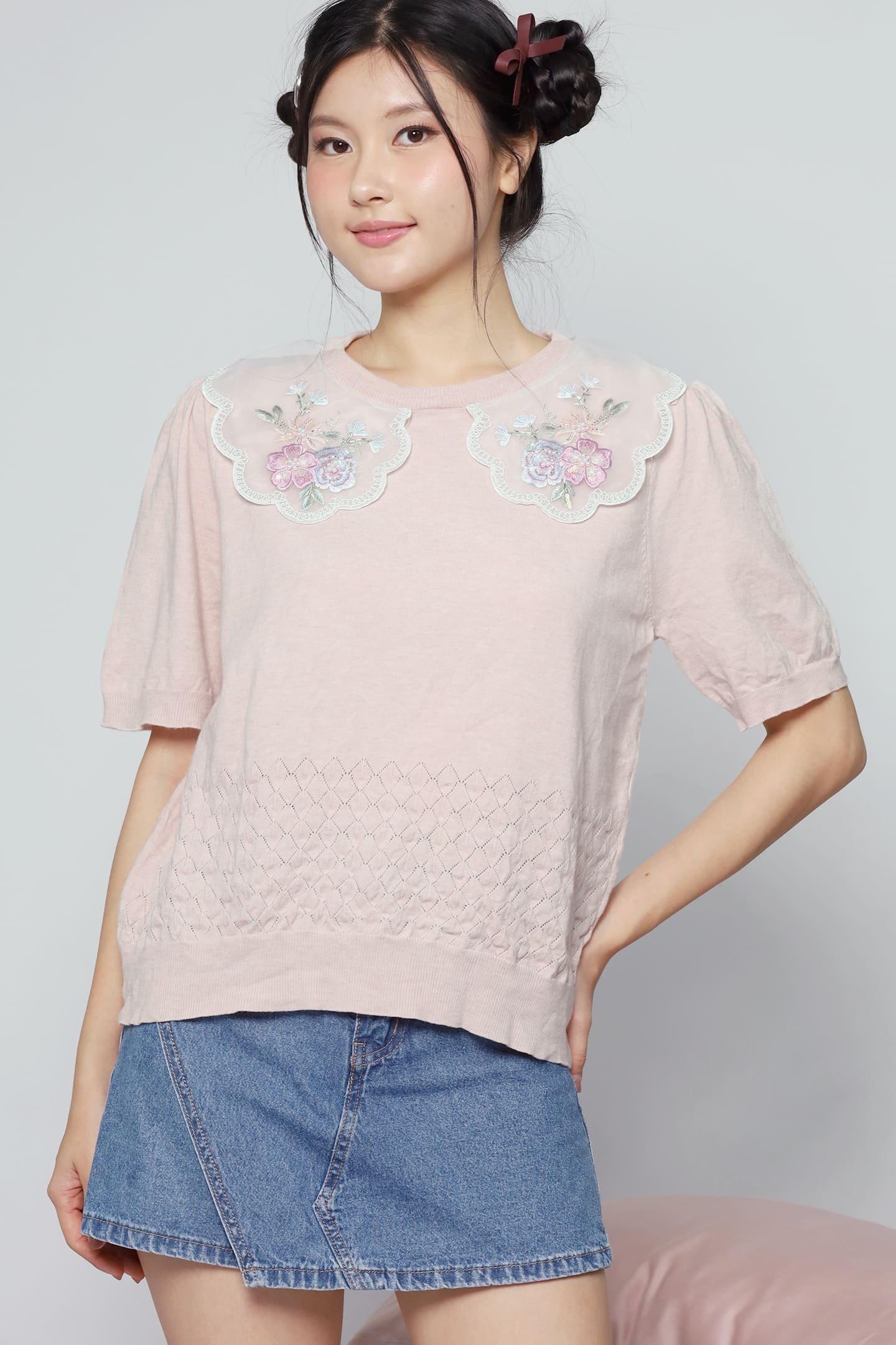 JOY - Miko Floral Embellishment Knit Top in Pastel Pink - Image 5