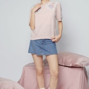 JOY - Miko Floral Embellishment Knit Top in Pastel Pink - Image 6