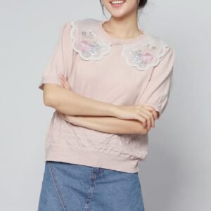 JOY - Miko Floral Embellishment Knit Top in Pastel Pink - Image 3