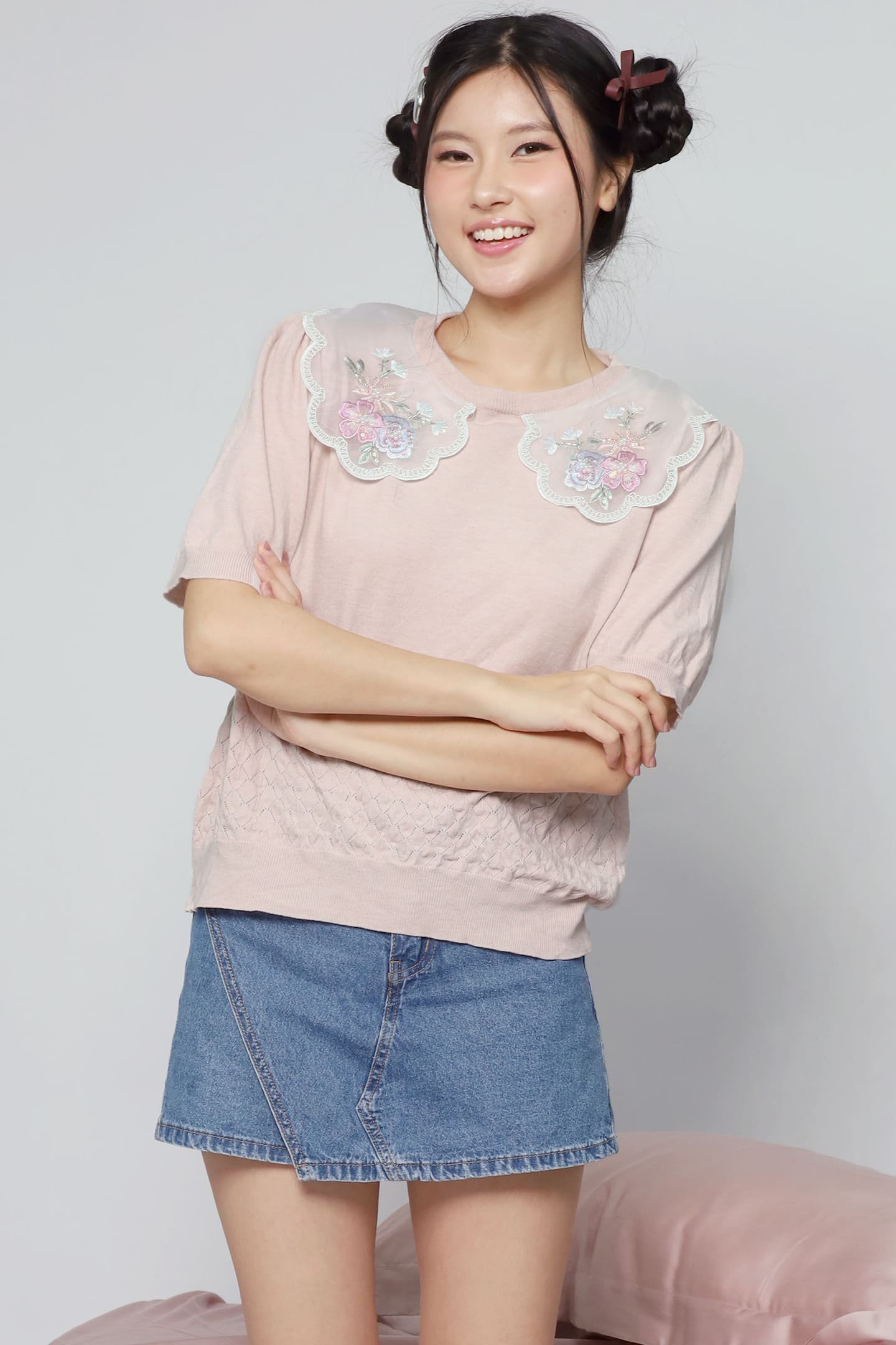 JOY - Miko Floral Embellishment Knit Top in Pastel Pink - Image 3