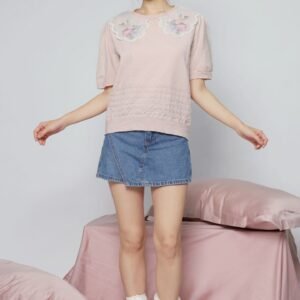 JOY - Miko Floral Embellishment Knit Top in Pastel Pink - Image 2