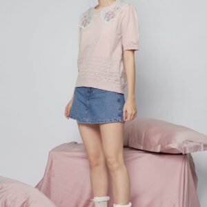 JOY - Miko Floral Embellishment Knit Top in Pastel Pink - Image 4